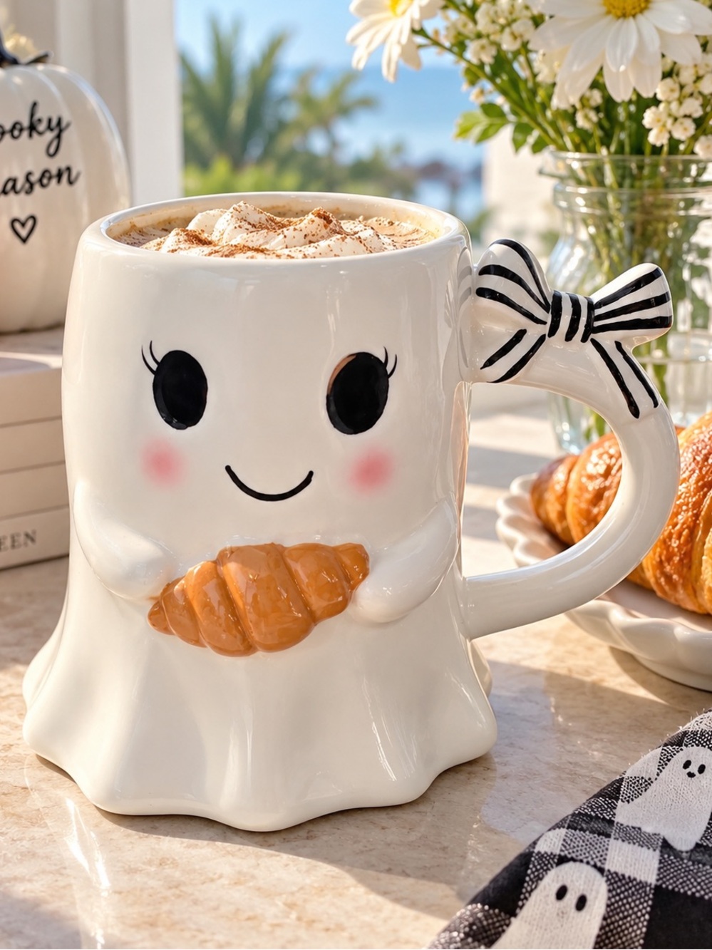 Cute Ghost Holding Croissant Halloween Ceramic Mug Black Bow